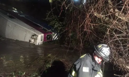 California, Treno Deraglia per Albero sui Binari. Vagoni nel Fiume