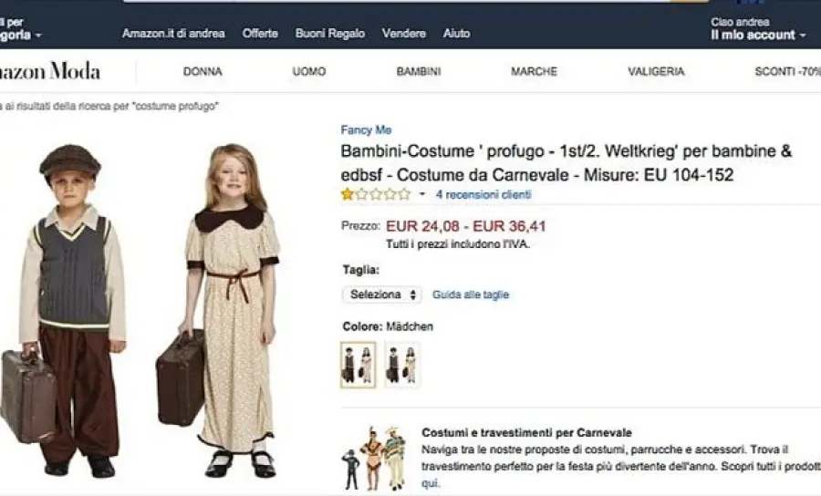 Carnevale, costume da 'piccolo profugo' su Amazon: annuncio rimosso