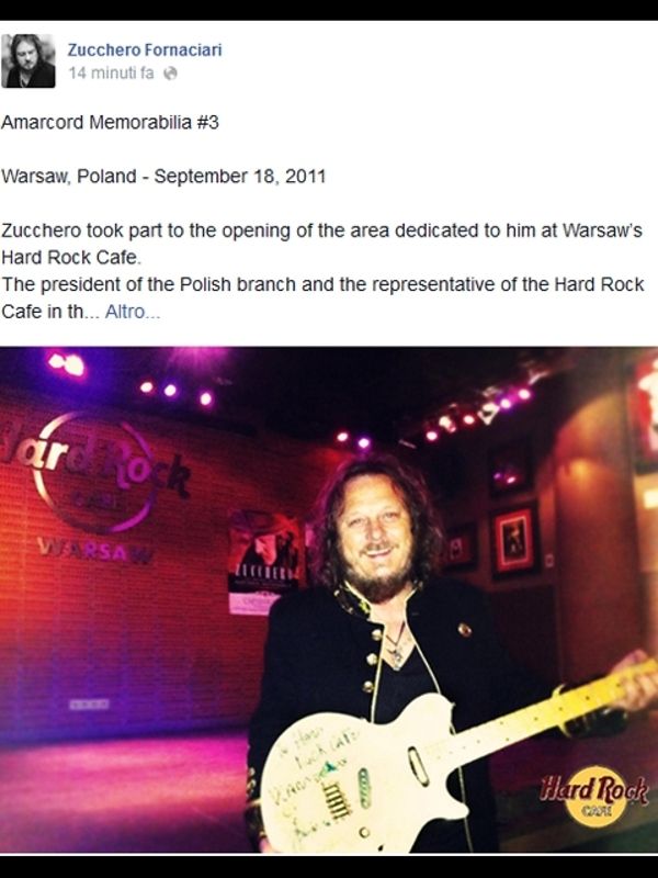 Zucchero rievoca presenza all'Hard Rock: 4 post su profilo Fb